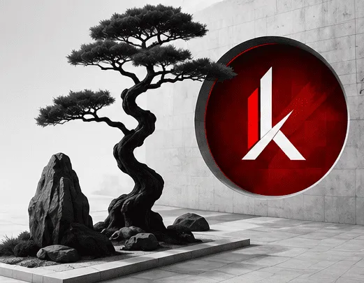 Bonsai and stone beside the red KIWAMI mark — calm, precise client experience
