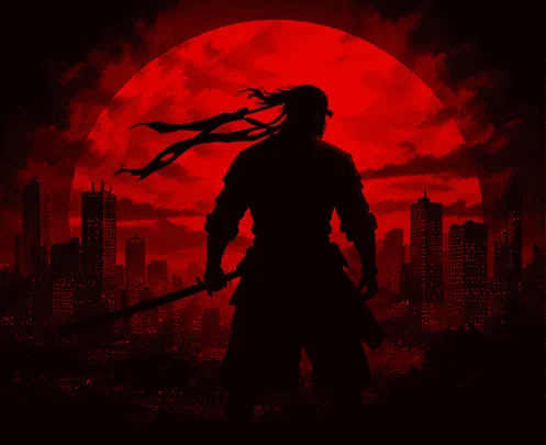 Samurai silhouette under a red moon — KIWAMI's edge