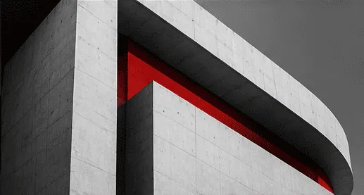 Sharp concrete architecture with a red structural line — KIWAMI precision