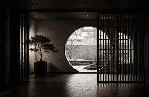Japanese modern room with a round window onto a garden — quiet trust